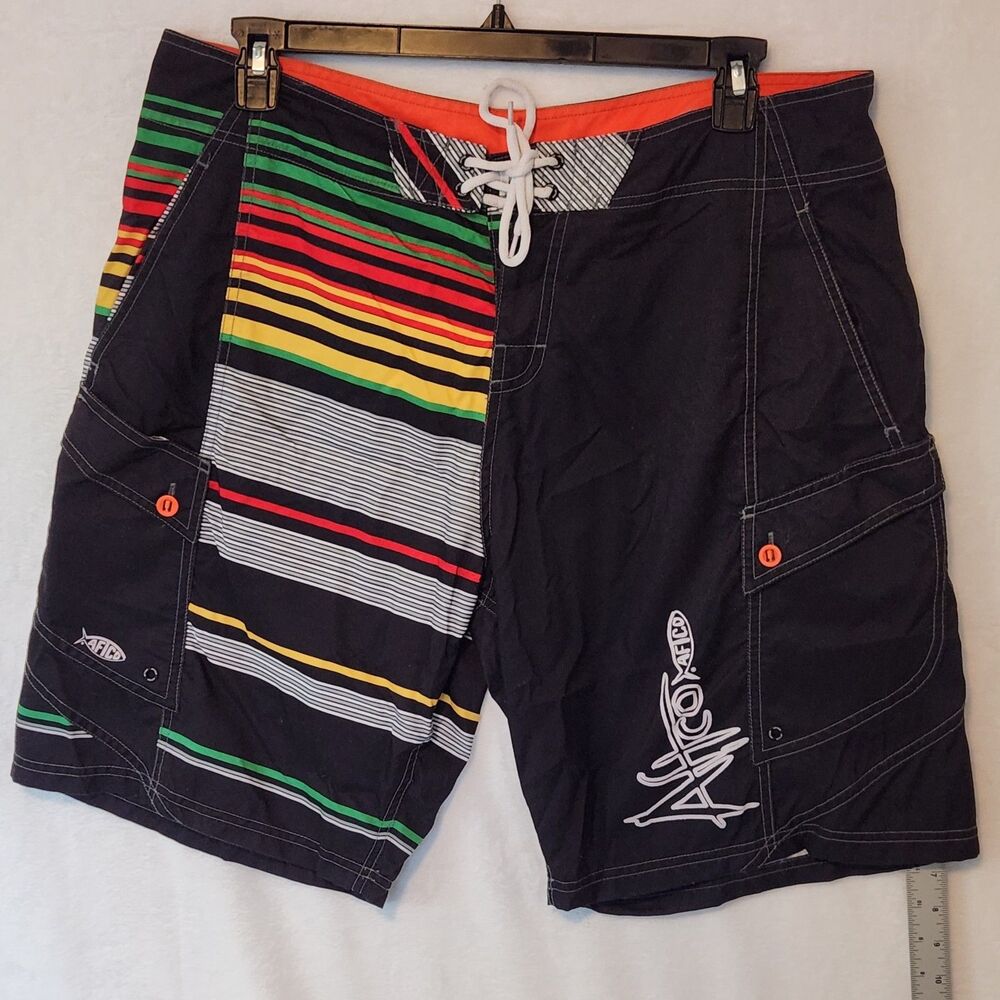AFTCO Men's 38 10" Cargo Board Shorts Black Red Green Fishing Quick Dry